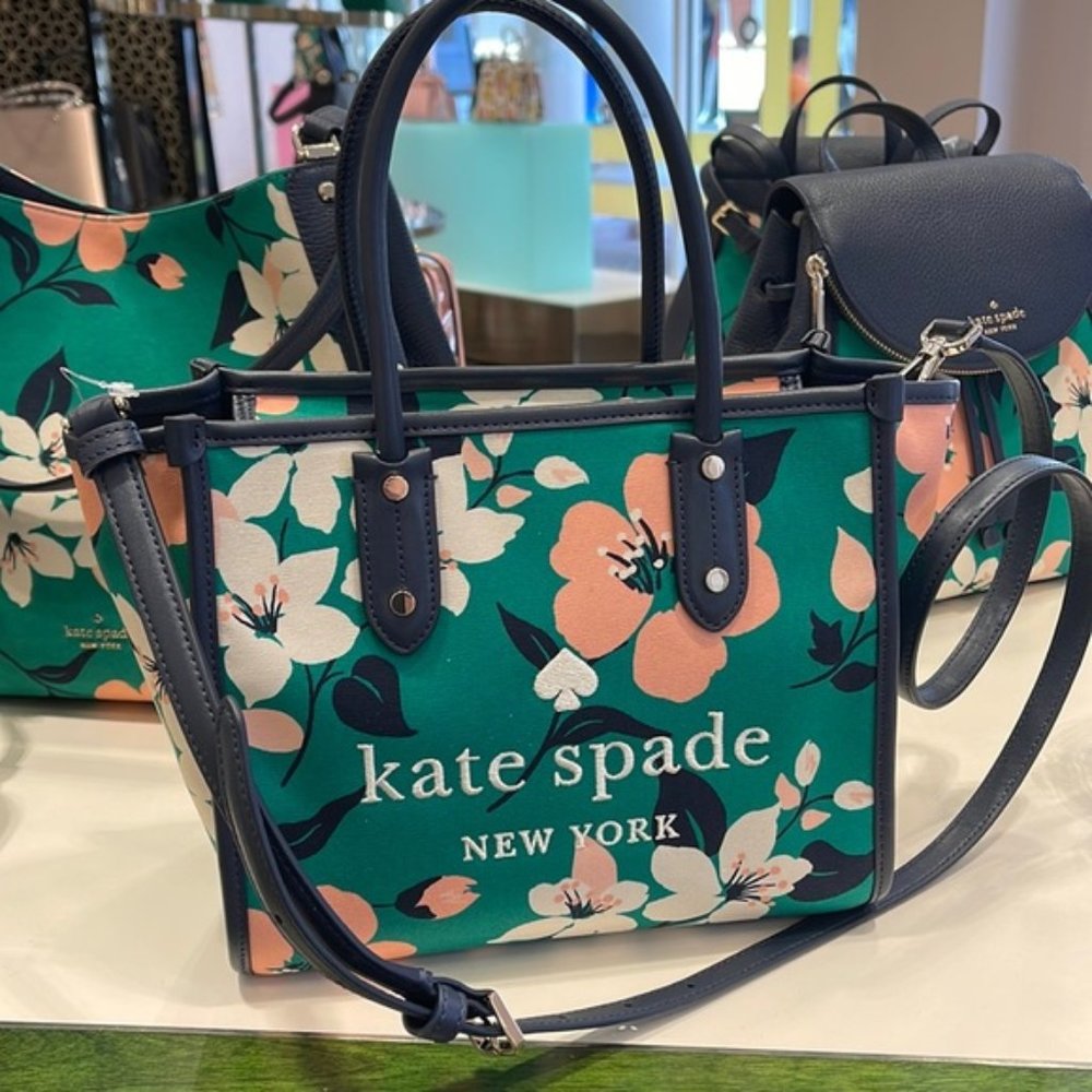 Kate Spade Small Tote Crossbody Bag Lily Blooms Green Multi - Picture 3 of 16
